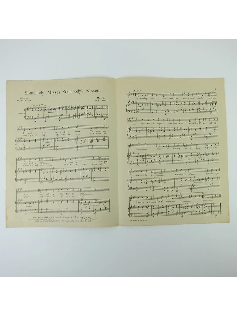 Somebody Misses Somebody's Kisses Sheet Music Frank Davis M. Prival Antique 1919